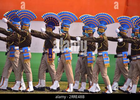 220126 -- NAGAON, Jan. 26, 2022 -- Indian paramilitary troopers take part in a parade during India s Republic Day celebrations in Nagaon district of India s northeastern state of Assam, Jan. 26, 2022. Str/Xinhua INDIA-ASSAM-REPUBLIC DAY-CELEBRATION JavedxDar PUBLICATIONxNOTxINxCHN Stock Photo