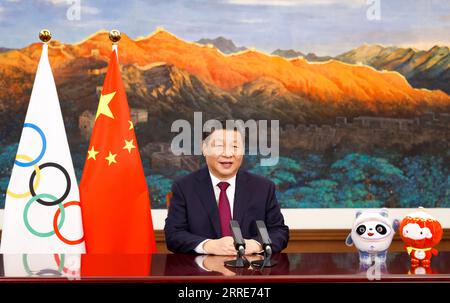 220203 -- BEIJING, Feb. 3, 2022 -- Chinese President Xi Jinping delivers a video address at the opening ceremony of the 139th session of the International Olympic Committee IOC on Feb. 3, 2022.  CHINA-XI JINPING-VIDEO ADDRESS-IOC-139TH SESSION CN HuangxJingwen PUBLICATIONxNOTxINxCHN Stock Photo