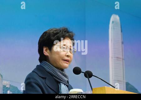 220218 -- HONG KONG, Feb. 18, 2022 -- Carrie Lam, chief executive of the Hong Kong Special Administrative Region HKSAR, speaks at a press conference in Hong Kong, south China, Feb. 18, 2022. The election for the chief executive of China s Hong Kong Special Administrative Region HKSAR, originally scheduled for March 27, will be postponed to May 8 due to the COVID-19 epidemic, HKSAR Chief Executive Carrie Lam said here on Friday.  CHINA-HONG KONG-CHIEF EXECUTIVE ELECTION-POSTPONED CN LuixSiuxWai PUBLICATIONxNOTxINxCHN Stock Photo