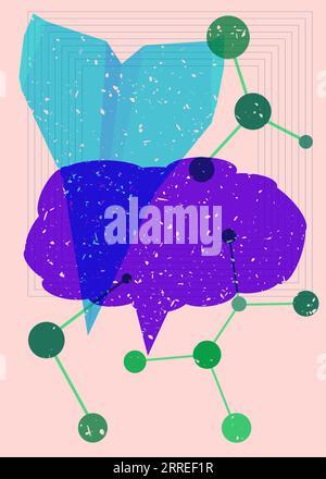 Paper Airplane and speech bubble with colorful geometric shapes. Object in trendy riso graph design. Geometry elements abstract risograph print textur Stock Vector