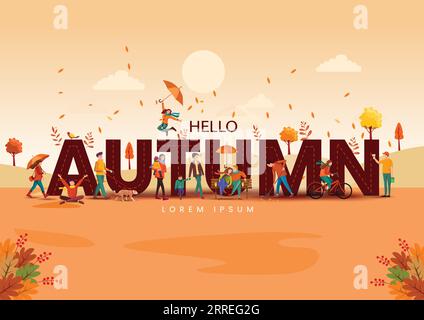 Vector illustration of horizontal banner of hello autumn landscape cartoon characters and maple trees fallen with dark brown background. Stock Vector