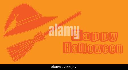 Halloween simple orange background outline hat and broom lettering happy halloween. EPS10 vector Stock Vector