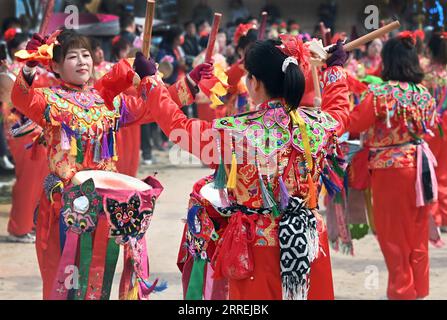 220304 -- WEINAN, March 4, 2022 -- Villagers take part in a Shehuo performance in Ashou Village, Qiangbai Township, Dali County, Weinan City, northwest China s Shaanxi Province, March 3, 2022. The Shehuo parade, a time-honored performance enjoying widespread popularity in rural areas across China, originated from ancient sacrificial activities to pray for a good harvest about 2,000 years ago. It is a folk custom in multiple forms consisting of dragon dance, lion dance, Yangko dance, drum playing and other folk performances that may vary in different regions.  CHINA-SHAANXI-DALI-FOLK CUSTOM-SHE Stock Photo