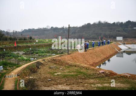 220305 -- CHANGSHA, March 5, 2022 -- Students from a school of Changsha experience farming at Shangshan service center for the disabled in Lianhuashan Village, Yuelu District of Changsha, central China s Hunan Province, March 4, 2022. Eight years ago, Xie Xiangqian, who suffered from severe burns, set up Shangshan service center for the disabled in his hometown Lianhuashan Village to provide employment opportunities for people with disabilities in surrounding villages. The number of members in the service center gradually increased, and dormitories, canteens, chicken farms, fields and factorie Stock Photo
