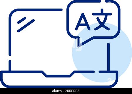 Speech bubble with translation symbols on laptop. Pixel perfect icon Stock Vector