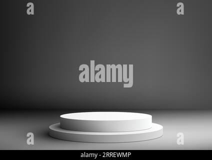 3D white podium in studio room is a perfect mockup for product display. The empty podium is on a gray wall background. Vector illustration Stock Vector