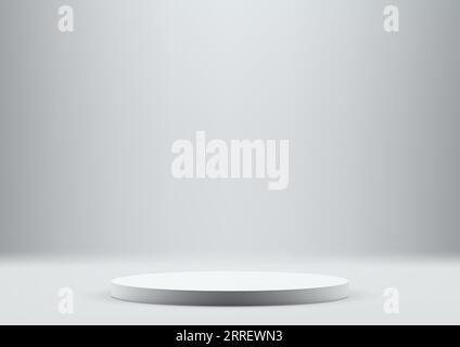 3D white podium in studio room is a perfect mockup for product display. The empty podium is on a gray wall background. Vector illustration Stock Vector