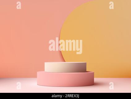 3D pink podium with yellow backdrop and soft pink background is a modern and minimalist mockup for product display. Vector illustration Stock Vector