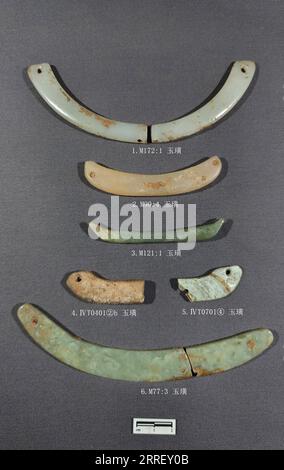 220319 -- BEIJING, March 19, 2022  -- Undated file photo shows relics found at the Neolithic jade workshop remains in Nanyang City, central China s Henan Province. The Institute of Archaeology of the Chinese Academy of Social Sciences has announced its list of China s six most important archaeological discoveries of 2021. The list of projects, which was announced in Beijing on Friday, is as follows: the Paleolithic ruin sites in the southwestern province of Sichuan the Neolithic jade workshop remains in central China s Henan the legendary Sanxingdui Ruins site in Sichuan two sites of ancient t Stock Photo