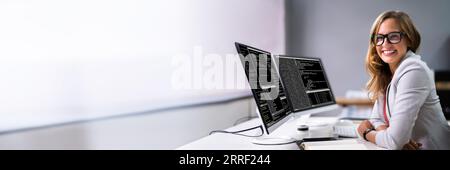 Programmer Woman Coding On Multiple Computer Screens Stock Photo