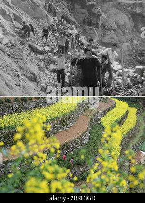 220326 -- SHEXIAN, March 26, 2022  -- TOP: Villagers build a tea garden with stones on a barren mountain in 1973 file photo in Wugongling Village of Shexian County, east China s Anhui Province BOTTOM: Villagers pick tea leaves at a tea garden on March 24, 2022 photo taken by Zhang Duan in Wugongling Village of Shexian County, east China s Anhui Province. The harvest season of spring tea has started in Wugongling Village of Shexian County, east China s Anhui Province. The village s terraced tea garden, covering an area of over 66.7 hectares, is located at an altitude of over 800 meters. Local v Stock Photo