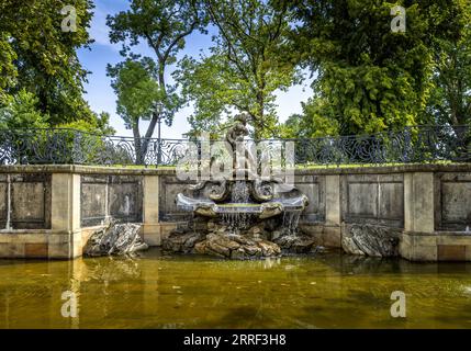 The dolphin fountain on the Bruehl terraces in Dresden, Saxony Stock Photo