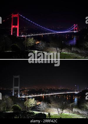 220327 -- ISTANBUL, March 27, 2022 -- Combo photo shows a bridge over the Bosphorus Strait before top and during Earth Hour in Istanbul, Turkey, on March 26, 2022. Shadati TURKEY-ISTANBUL-EARTH HOUR ShaxDati PUBLICATIONxNOTxINxCHN Stock Photo