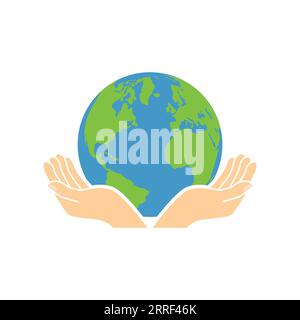 Logo of hand holding earth globe, ecology and sustainability concept. vector illustration in modern flat style design. Stock Vector