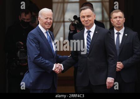 220327 -- WARSAW, March 27, 2022 -- U.S. President Joe Biden L, front attends a welcome ceremony held by Polish President Andrzej Duda R, front in Warsaw, Poland, March 26, 2022. Photo by /Xinhua POLAND-WARSAW-BIDEN-VISIT AndrzejxHulimka PUBLICATIONxNOTxINxCHN Stock Photo