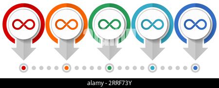 Infinity, eternity, infinite, endless, loop vector icon set, flat design infographic template, set pointer concept icons in 5 color options for webdes Stock Vector