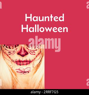 Composite of haunted halloween text and halloween scary face on red background Stock Photo