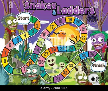 A spooky board game with a Halloween zombie theme set in a jungle graveyard Stock Vector