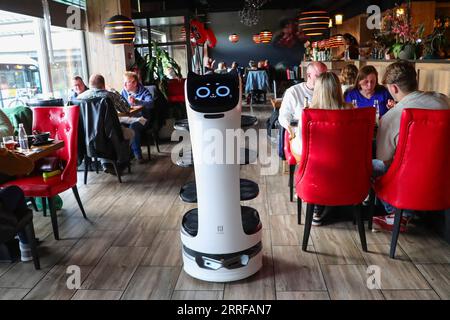 220410 -- SINT-NIKLAAS, April 10, 2022 -- A robot serves dishes at a restaurant in Sint-Niklaas, East Flanders, Belgium, April 9, 2022. Two service robots, designed and manufactured in China, became the stars of a restaurant in Sint-Niklaas in Belgium. They not only reduced the cost for the restaurant, but also won popularity among the customers.  BELGIUM-SINT-NIKLAAS-RESTAURANT-ROBOT ZhengxHuansong PUBLICATIONxNOTxINxCHN Stock Photo