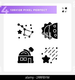 Astronomy science pixel perfect black glyph icons set on white space Stock Vector