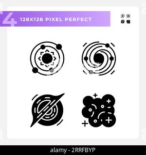 Outer space pixel perfect black glyph icons set on white space Stock Vector
