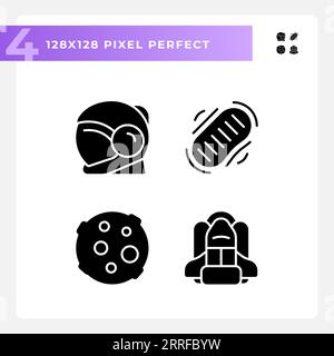 Moon landing pixel perfect black glyph icons set on white space Stock Vector
