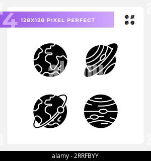 Planets pixel perfect black glyph icons set on white space Stock Vector