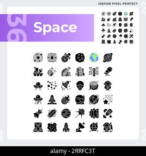 Space black pixel perfect black icons set on white space Stock Vector
