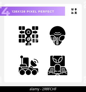 Sci fi pixel perfect black glyph icons set on white space Stock Vector
