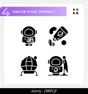 Moon mission pixel perfect black glyph icons set on white space Stock Vector