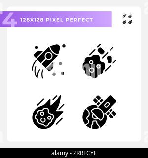 Cosmic exploration pixel perfect black glyph icons set on white space Stock Vector