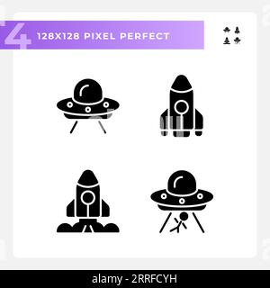 Extraterrestrial life pixel perfect black glyph icons set on white space Stock Vector