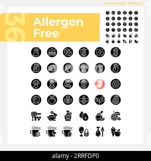 2D pixel perfect glyph style allergen free icons set Stock Vector