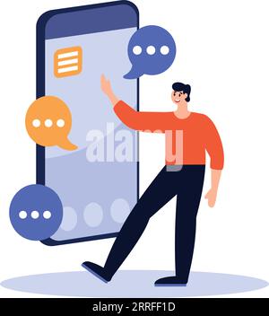 Hand Drawn Businessman with smartphone in online marketing concept in flat style isolated on background Stock Vector