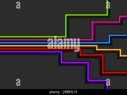 Colorful geometric lines with shadow on dark grey background. Vector illustration of neon laser rays. Tech retro modern design Stock Vector