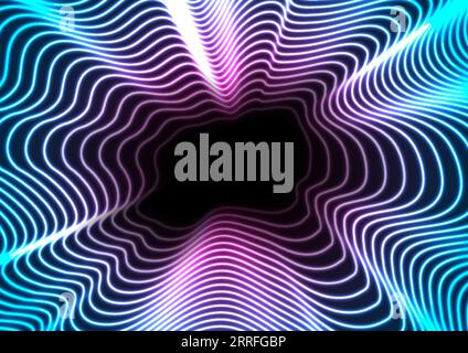 Blue ultraviolet neon laser waves concept illustration. Refracted wavy lines geometric shape technology retro background. Glowing illumination futuris Stock Vector