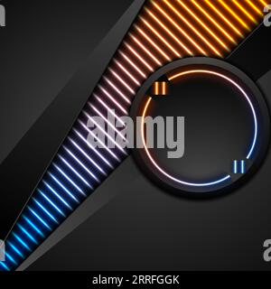 Black abstract corporate technology background with laser lines texture. Blue and orange glowing neon luminous geometric backdrop. Circle quote speech Stock Vector