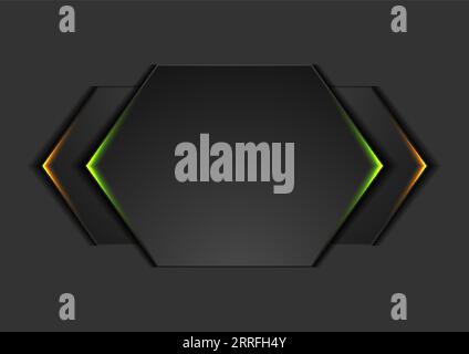 Abstract black geometric shapes with glowing lights. Green and orange neon arrows. Vector modern background Stock Vector