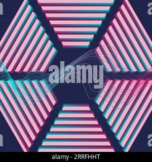 Abstract retro background with dotted lines waves and linear hexagon. Vector geometric tech poster design template Stock Vector