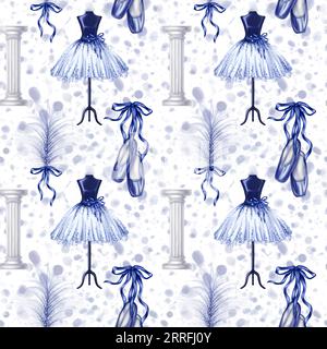 Seamless pattern with ballet blue outfits. Dance tutus, pointe shoes, bows and feathers. A theatrical performance, a showcase of an atelier, a store, Stock Photo
