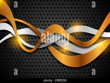 Technology abstract background with silver and bronze shiny waves. Black perforated backdrop. Vector illustration Stock Vector