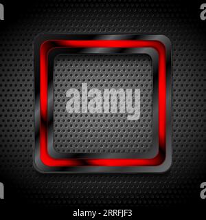 Vibrant glossy black and red hi-tech geometric square. Metallic perforated texture. Abstract technology background Stock Vector