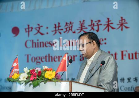 220420 -- KATHMANDU, April 20, 2022 -- Devendra Paudel, Nepal s minister for education, science and technology, speaks during an event marking the UN Chinese Language Day in Kathmandu, Nepal, on April 20, 2022. The UN Chinese Language Day was marked in Kathmandu on Wednesday by displaying the beauty of the language mostly spoken in the world. Photo by /Xinhua NEPAL-KATHMANDU-UN CHINESE LANGUAGE DAY HarixMaharjan PUBLICATIONxNOTxINxCHN Stock Photo