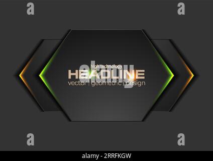 Abstract black geometric shapes with glowing lights. Green and orange neon arrows. Vector modern background Stock Vector
