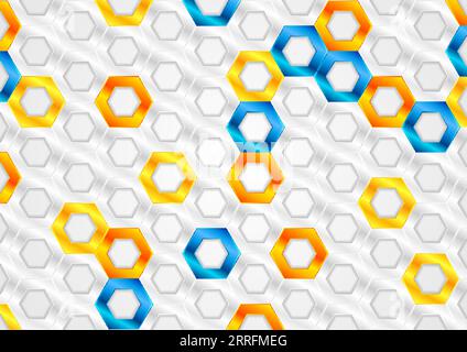 Orange, blue and silver grey glossy hexagons tech abstract vector design. Futuristic geometry background Stock Vector