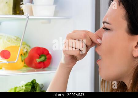 Young Woman Noticed Smell Coming Out Of Refrigerator Stock Photo