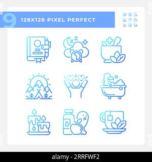 Set of 2D pixel perfect gradient meditation icons Stock Vector