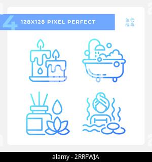 2D blue pixel perfect meditation line icons set Stock Vector