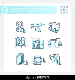 Editable pixel perfect blue soundproofing line icons Stock Vector