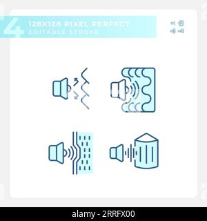 Editable pixel perfect blue soundproofing line icons Stock Vector
